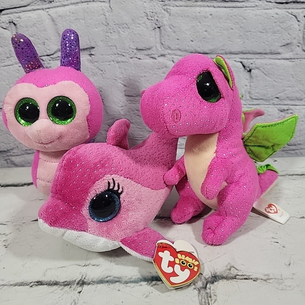 Ty Beanie Boos Plush Lot Of 3 All Pink Glitter Scooter Snail Darla Dragon Surf